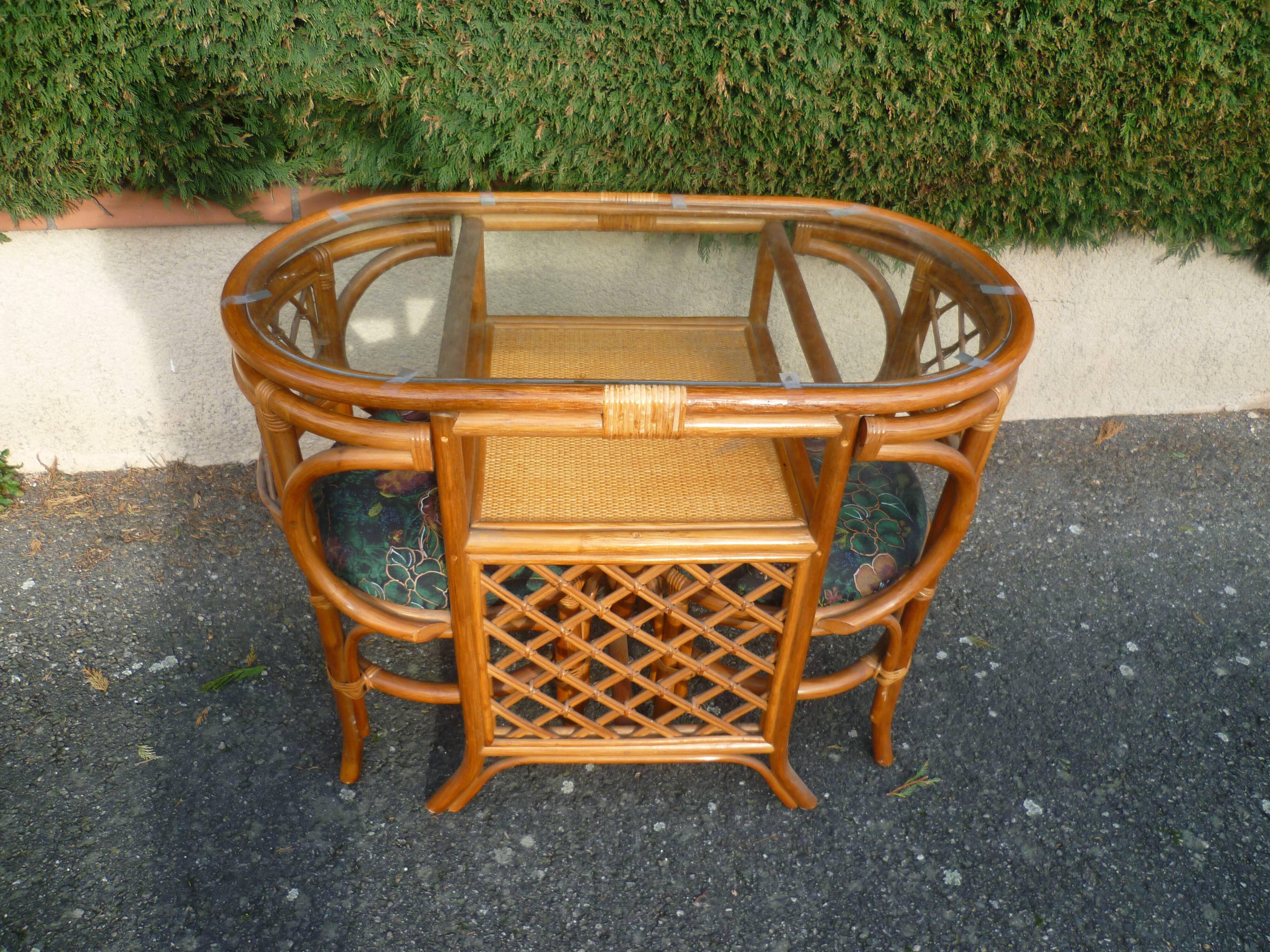 Rattan set table + 2 vintage armchairs 1980