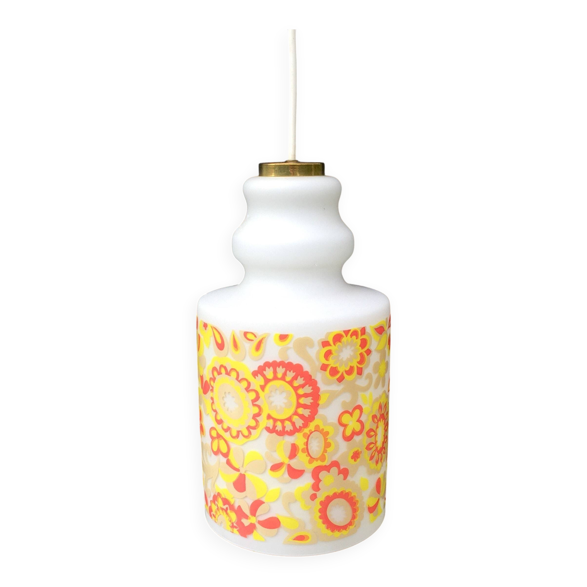 White and orange tube chandelier with seventies pop flowers