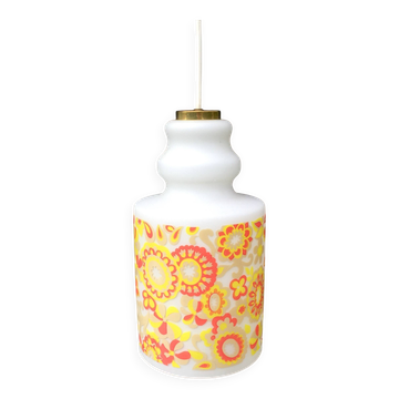 White and orange tube chandelier with seventies pop flowers