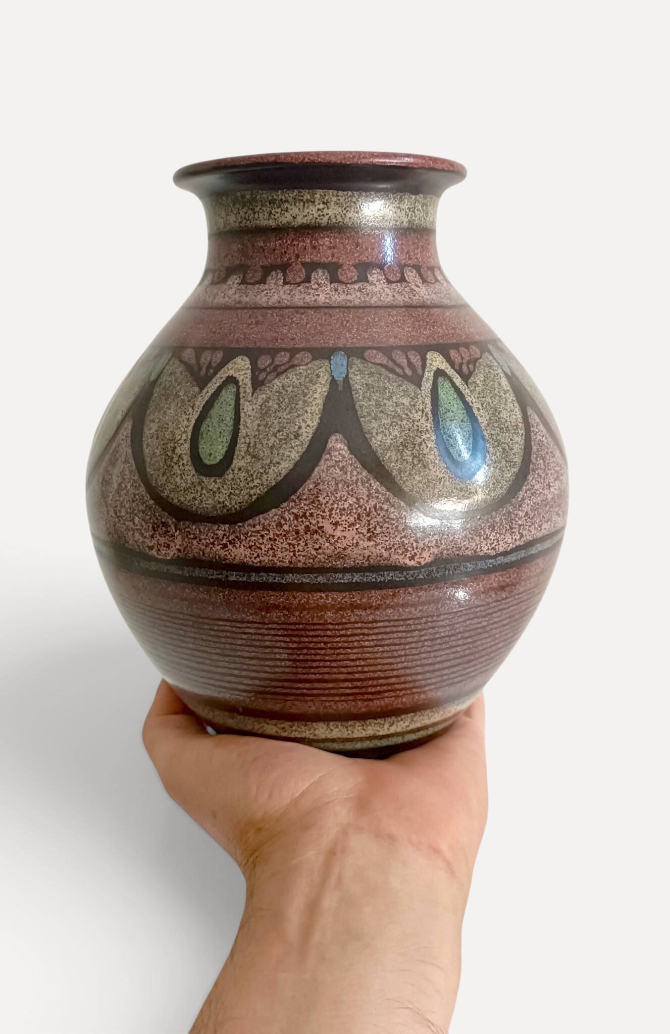 1970s Spanish Hand-Painted Studio Pottery Vase with Mediterranean Motifs