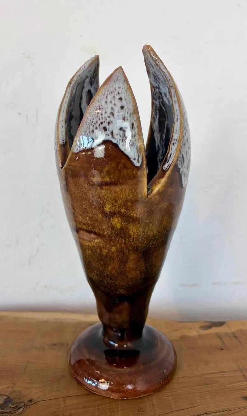 Vintage Mid-Century Modern Studio Pottery Tulip Lotus Bud Pedestal Vase - Earthen Brown & White Glaze