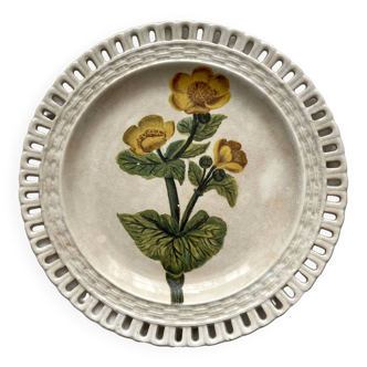 Openwork plate in fine, opaque Lunéville earthenware, flower painting dated 1886