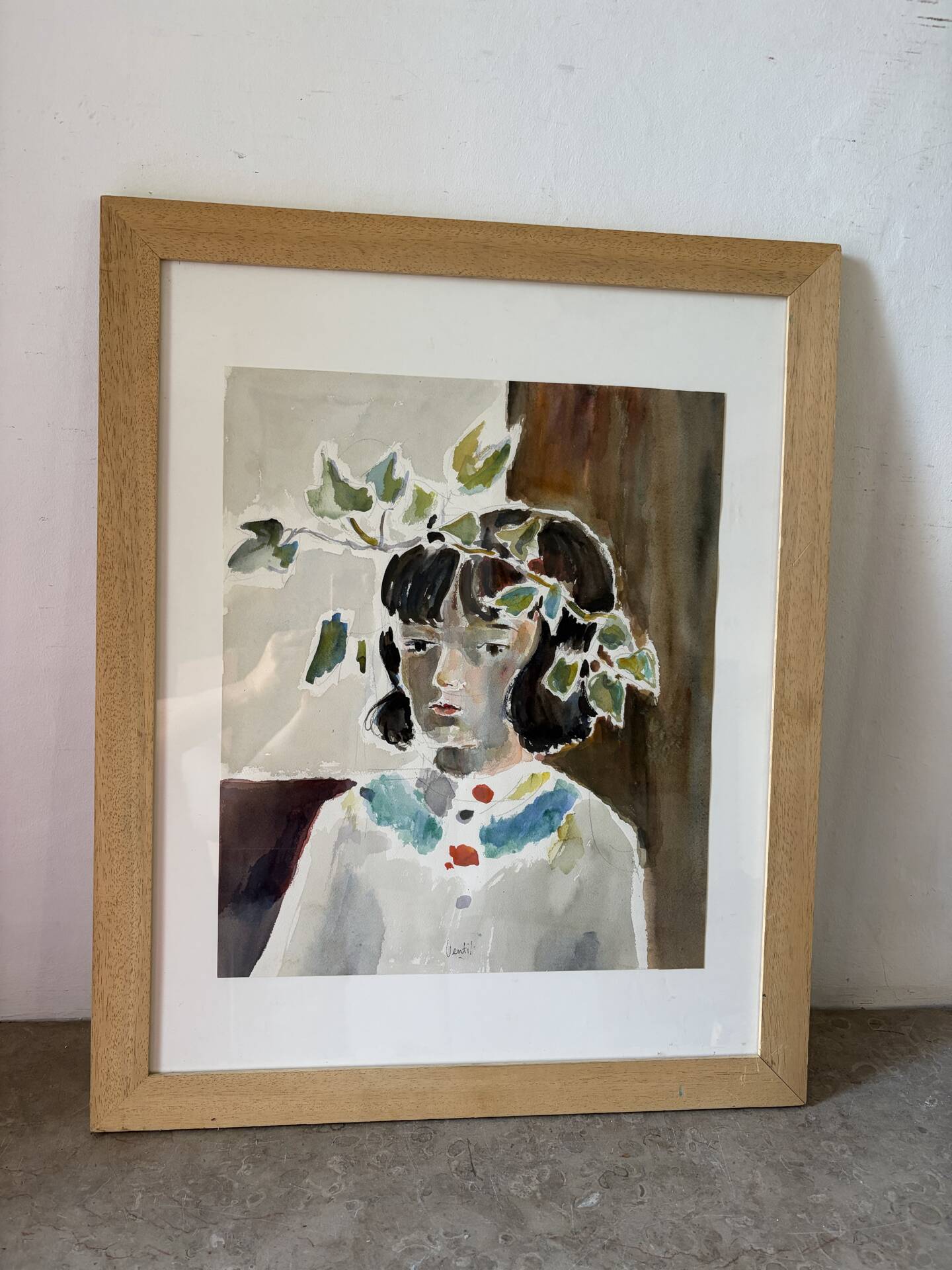 Femme aux feuilles, aquarelle sur papier, signée Ventil