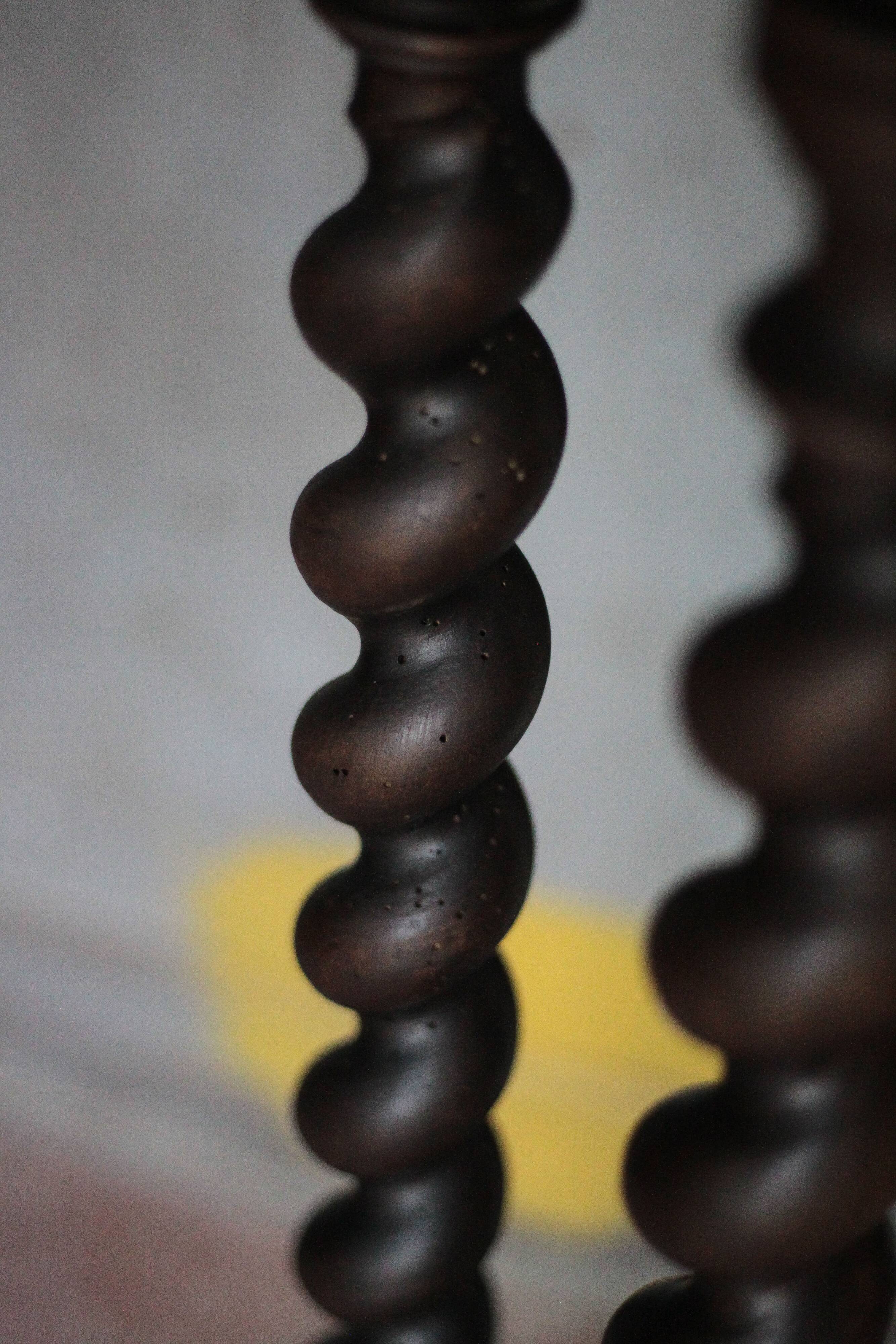 Vintage wood and marble side table, Louis XIII style turned wood pedestal table