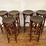 Série de 6 anciens tabourets de bar bistrot en bois courbé vintage