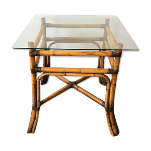 Table à manger à repas en rotin et verre vintage 1950