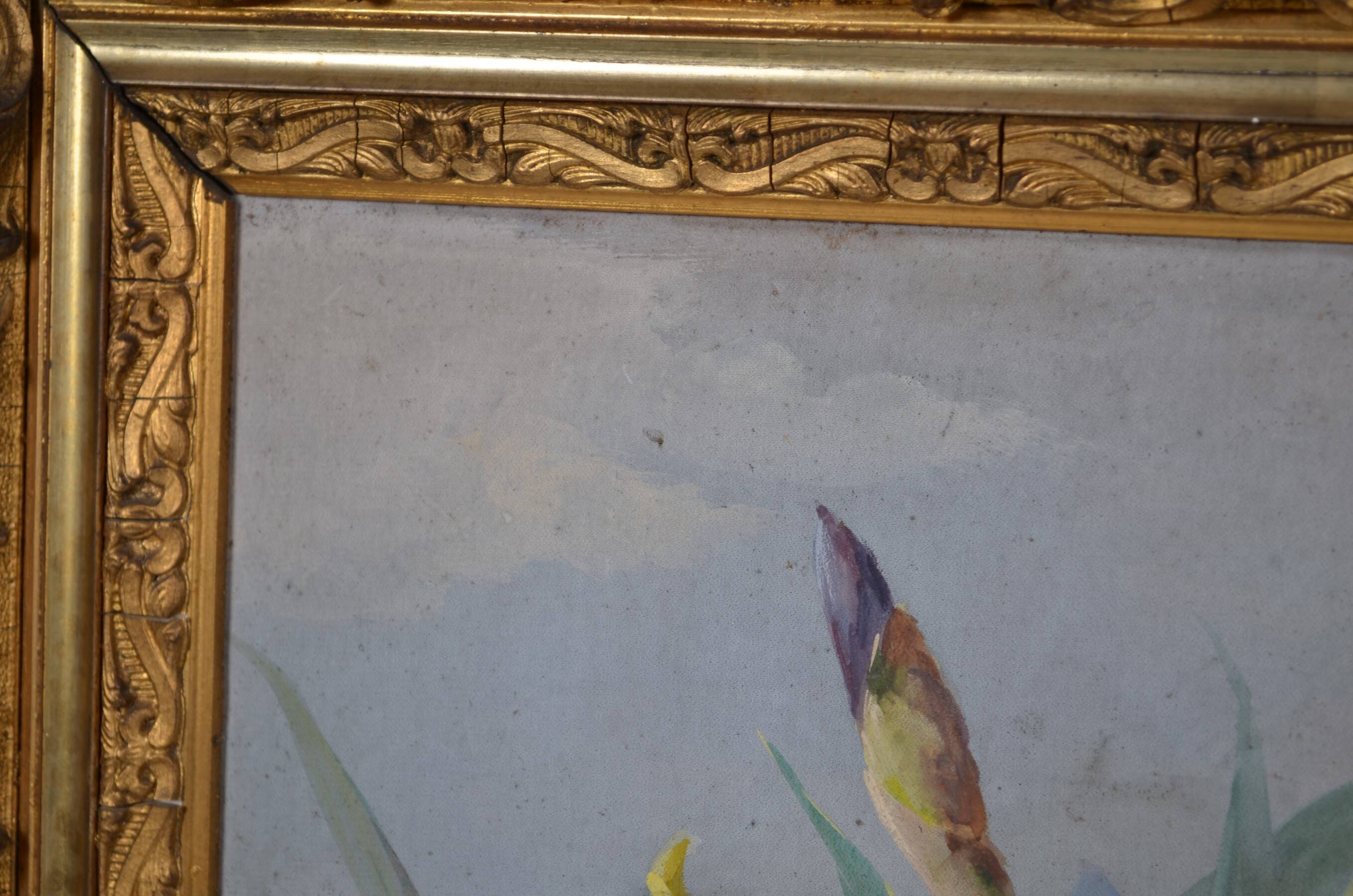 French School circa 1900 “Irises and dragonflies” Painted silk.