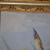French School circa 1900 “Irises and dragonflies” Painted silk.