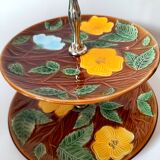 Vintage two-tier cake stand in barbotine with flower decor Sarreguemines