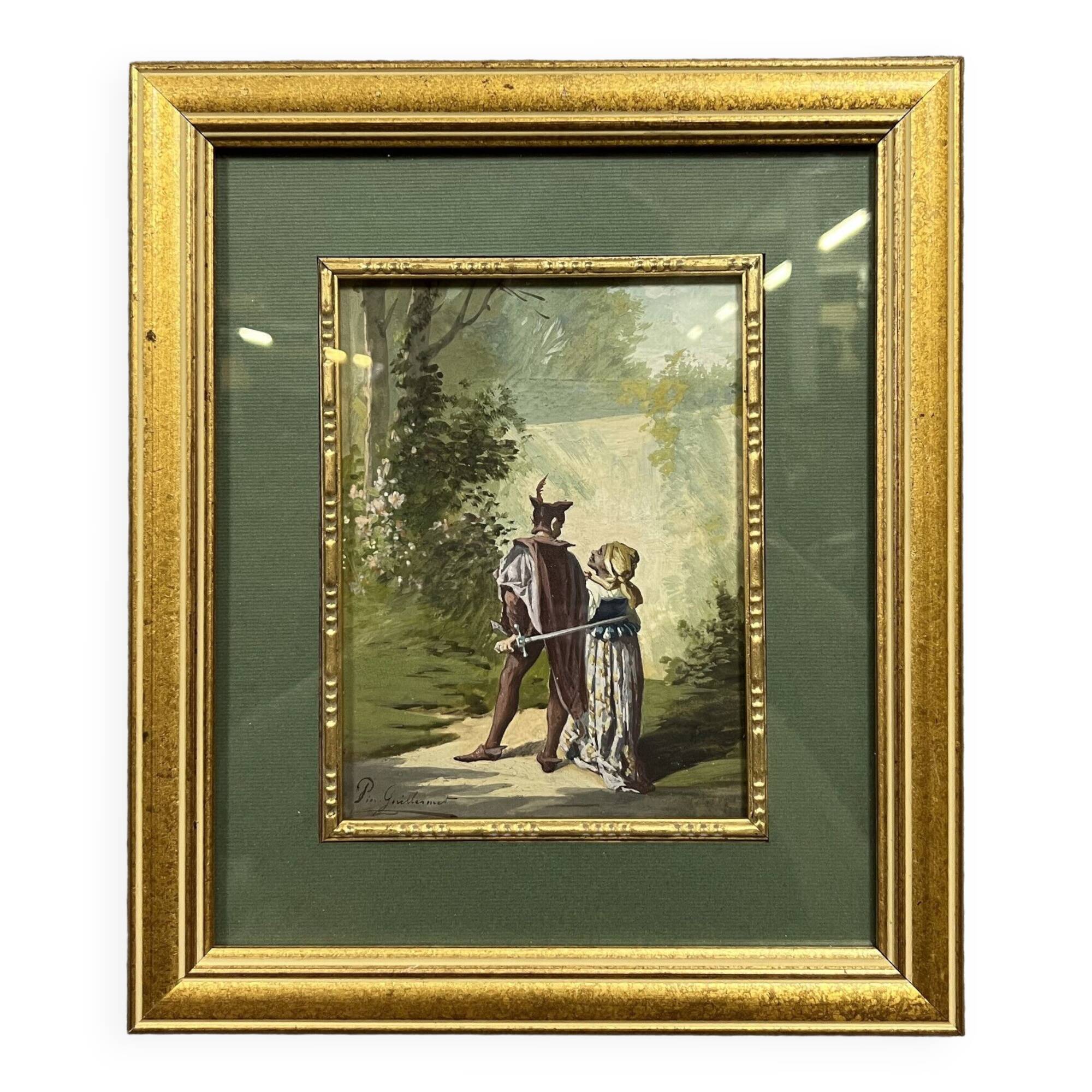 Pierre Guillermet: watercolor period nineteenth century depicting a scene of animated undergrowth