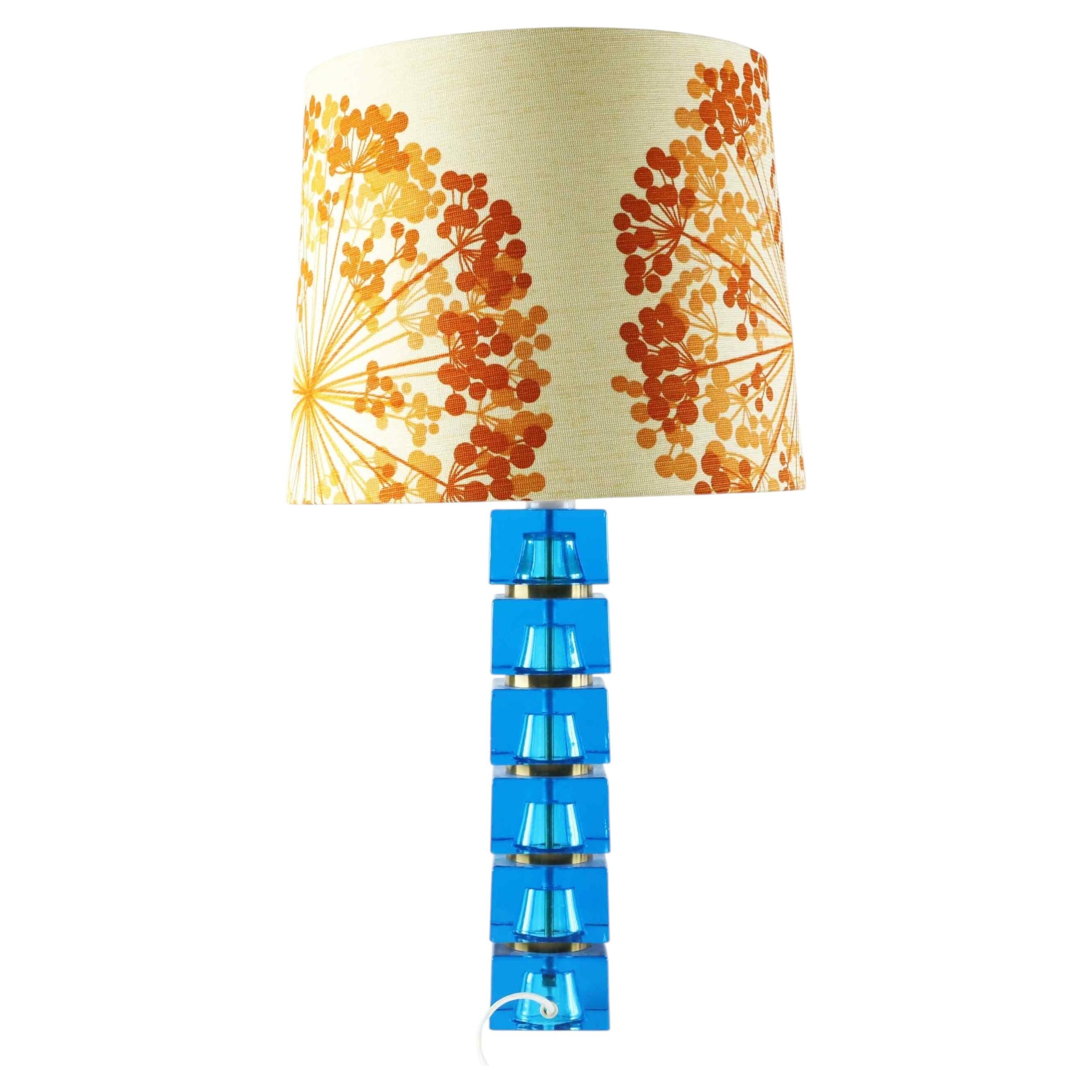 Carl Fagerlund table lamp for Orrefors blue glass and brass Sweden 1960