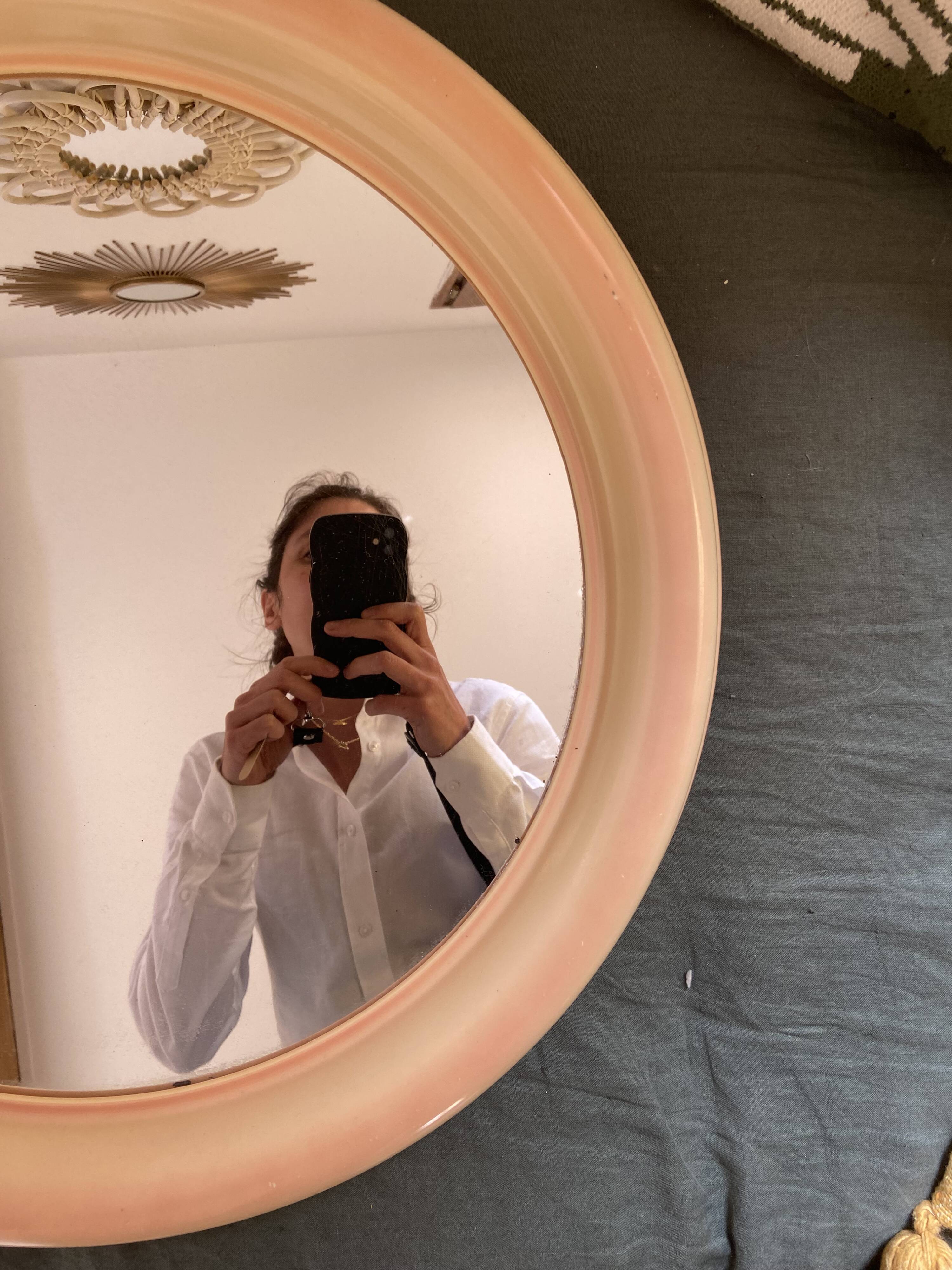 Round Beige and Coral Plastic Wall Mirror from the 70s-80s