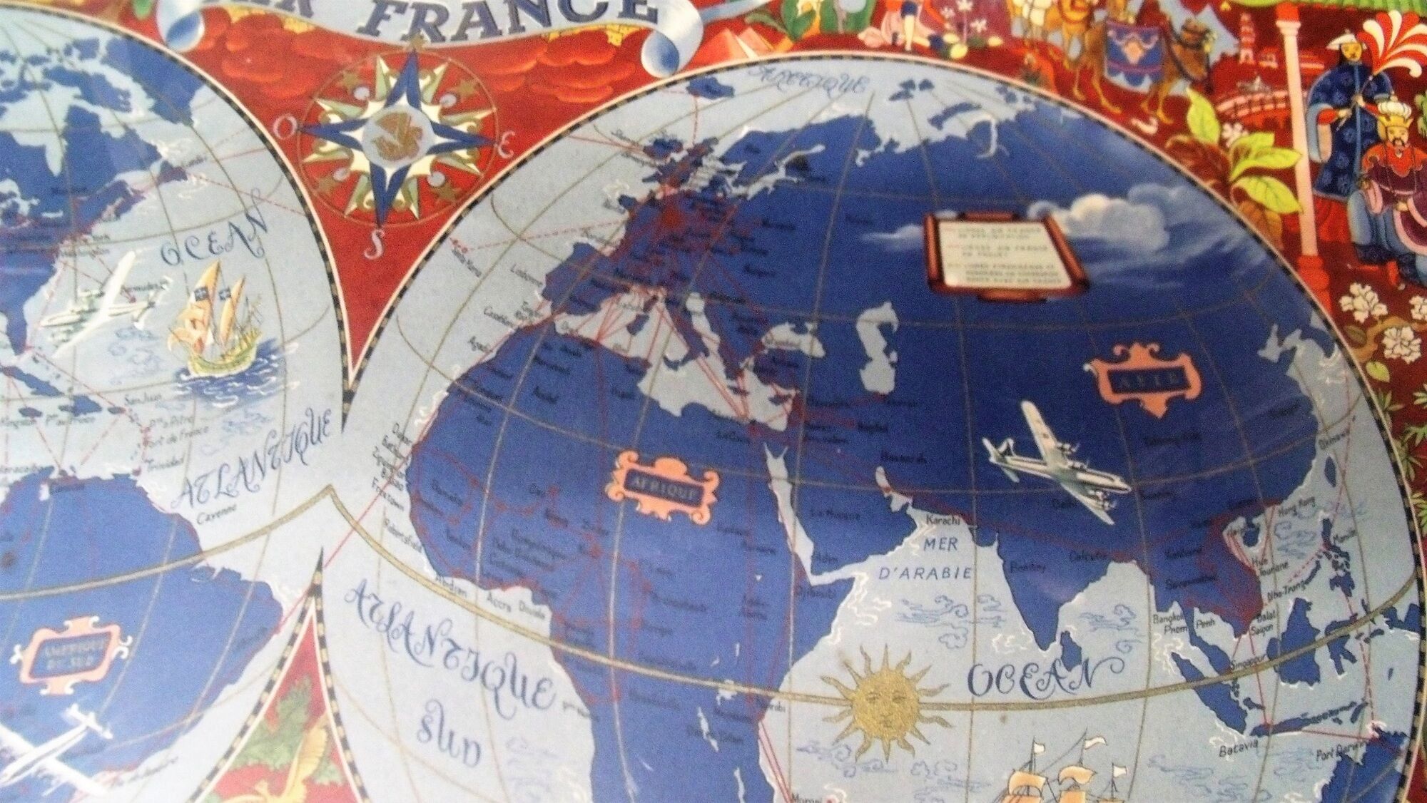 Old card Air France 1950 shown by Lucien Boucher planisphere