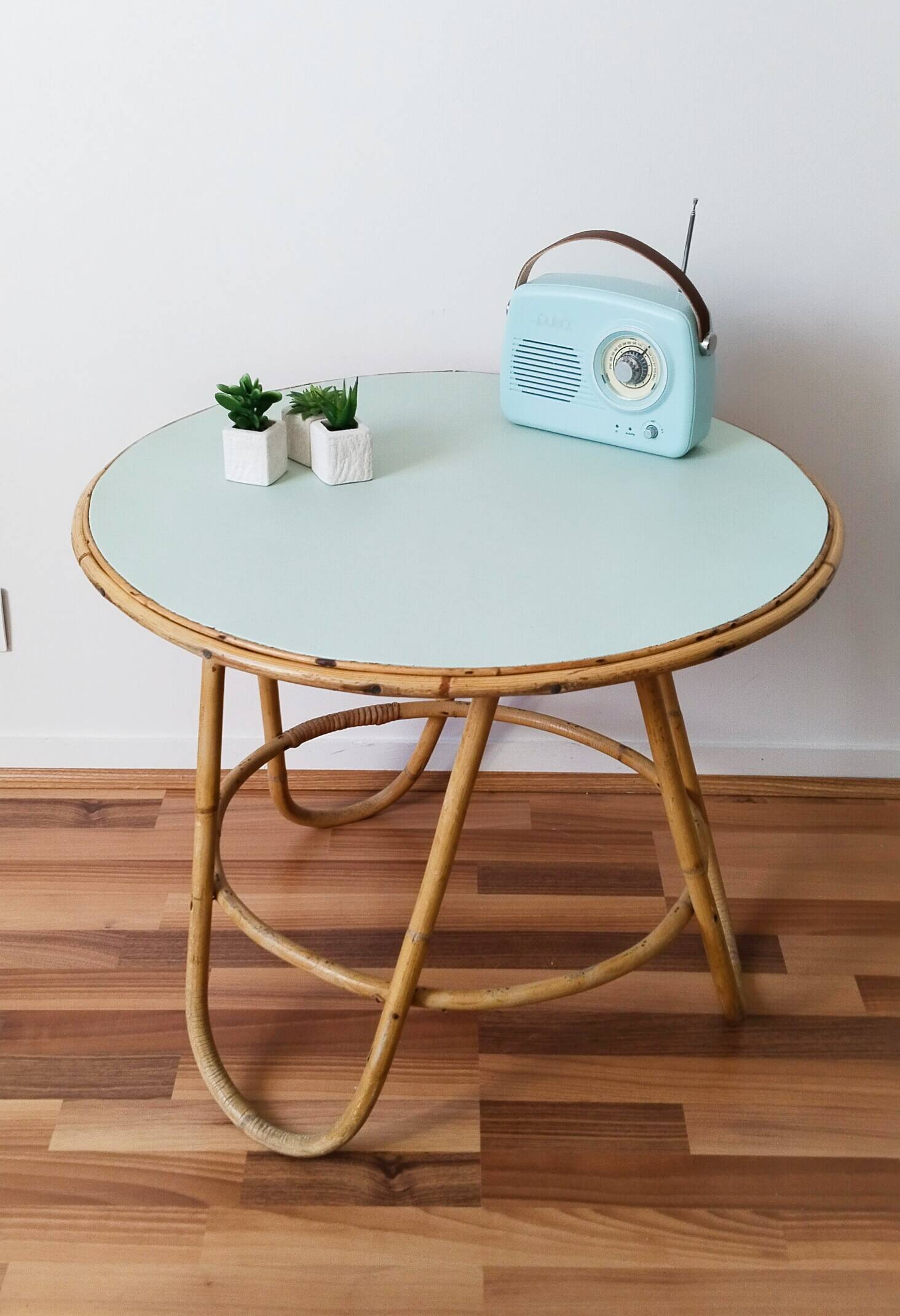 Vintage round rattan table, desk, tripod legs