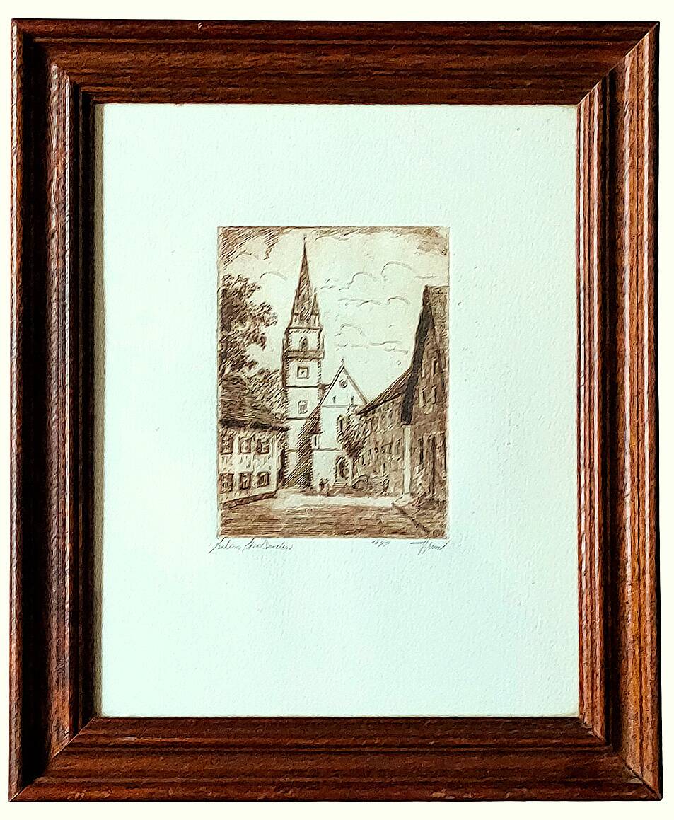 Illegible signature painting – engraving, no. 17/150 – achern, großweier