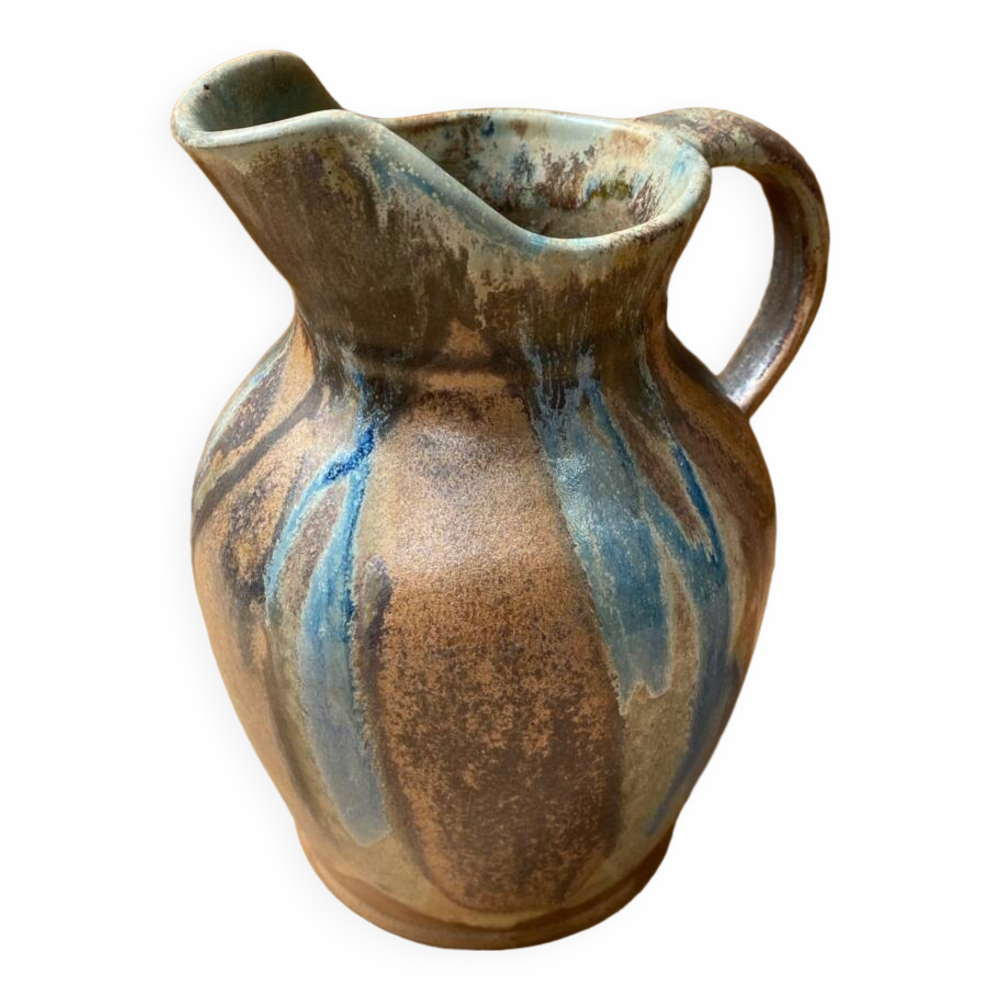 Antique art nouveau vintage blue brown flamed stoneware pitcher