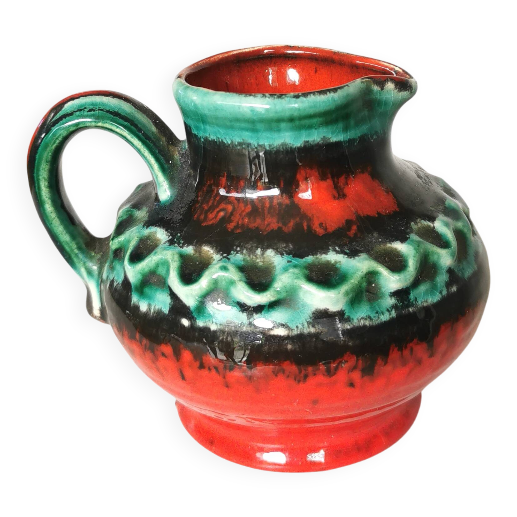 Fat Lava Pitcher Vase: Red Black Green Glaze, West German Pottery