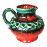 Fat Lava Pitcher Vase: Red Black Green Glaze, West German Pottery