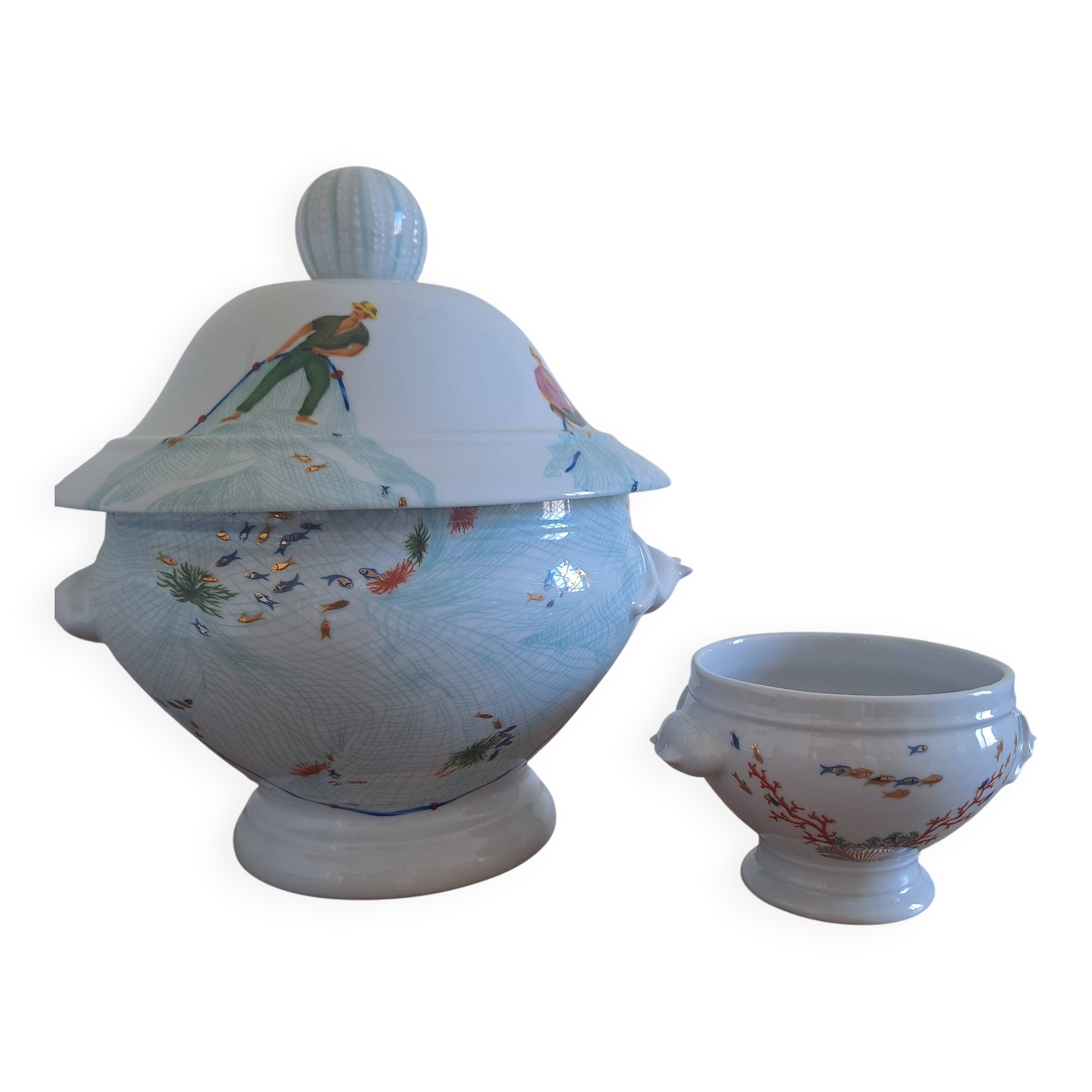 soup tureen + 8 bowls – Philippe Deshoulières “Caribbean Sea” – Porcelain