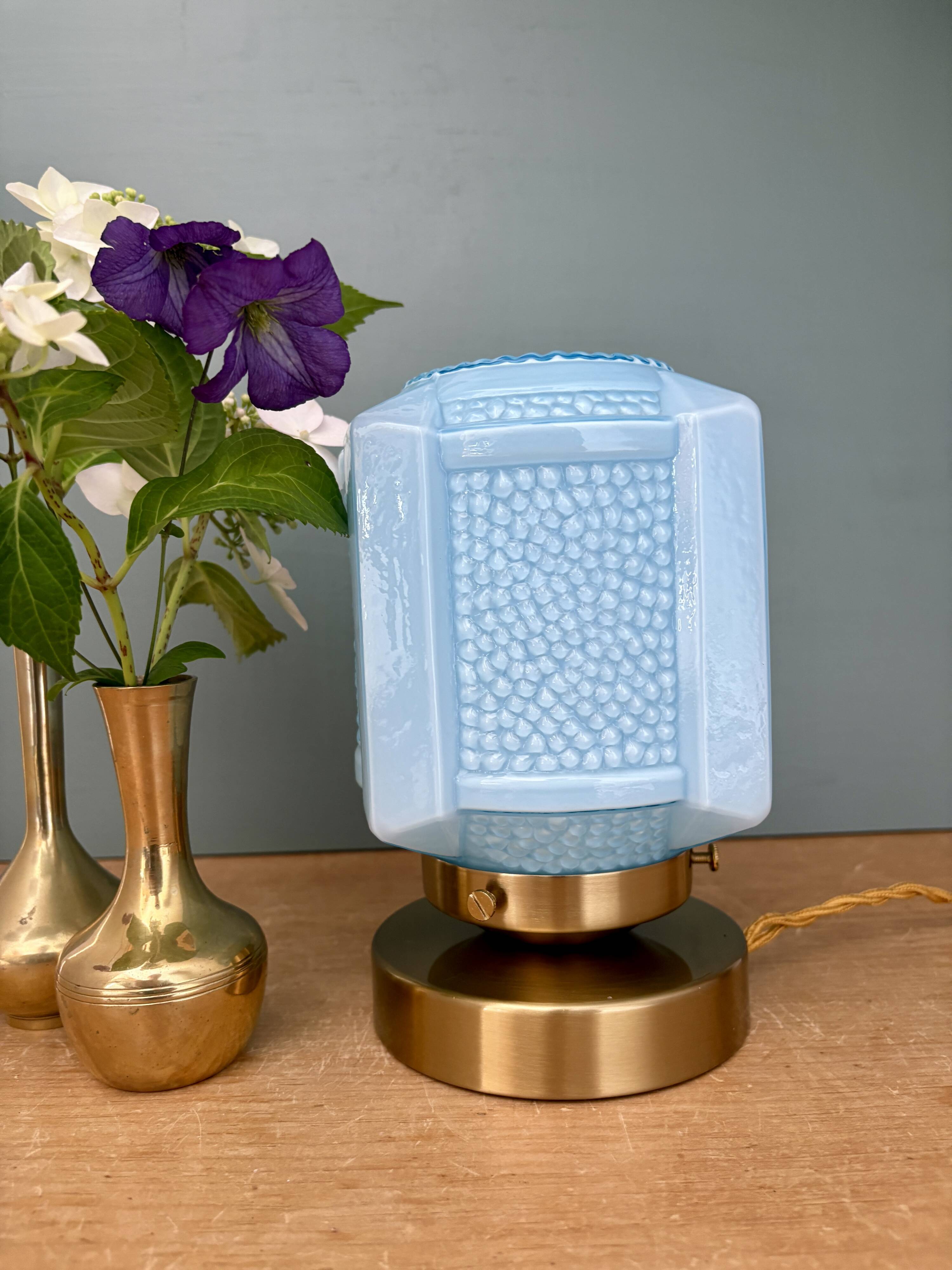 Vintage art deco globe table lamp in blue opaline