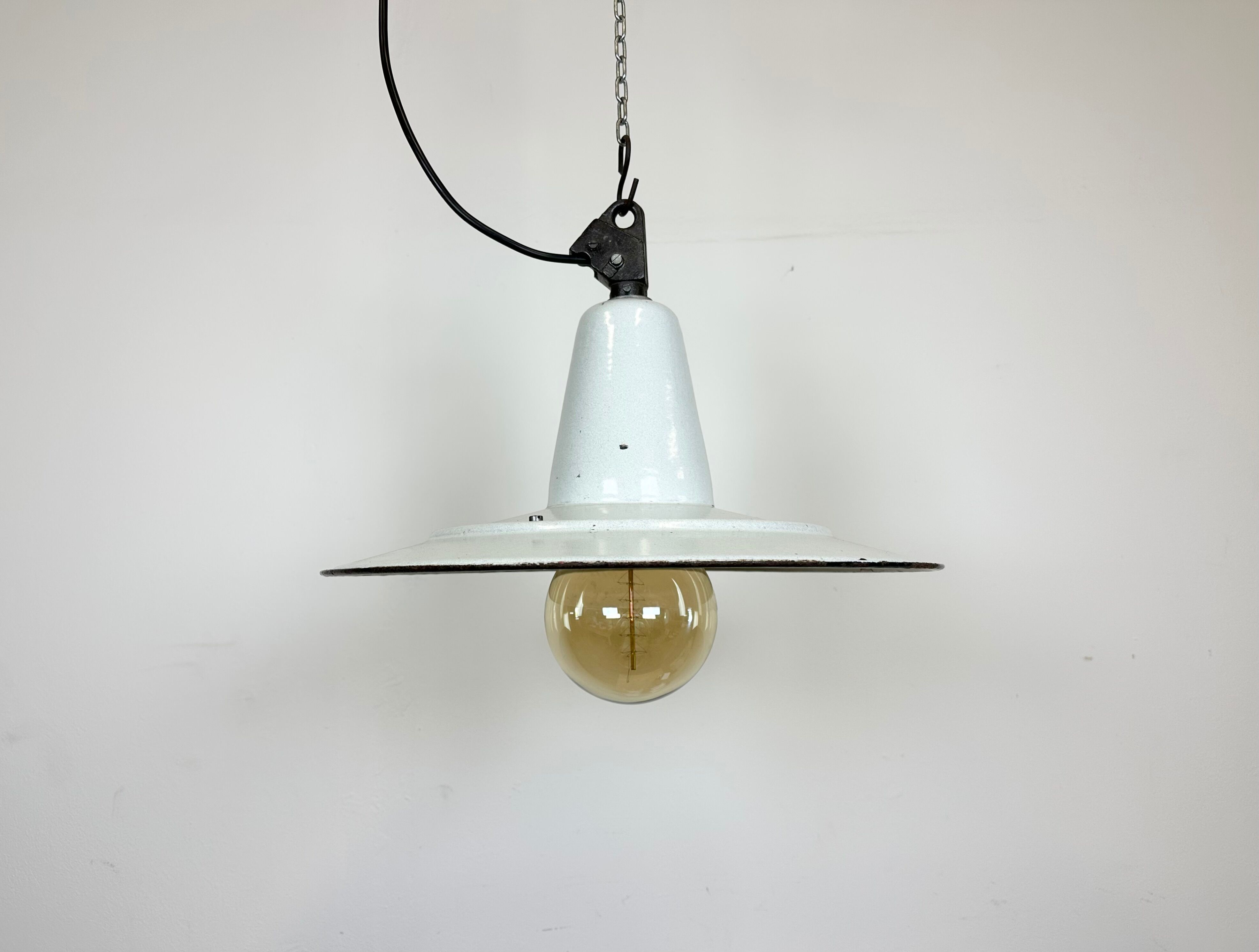 Industrial White Enamel Factory Pendant Lamp, 1960s