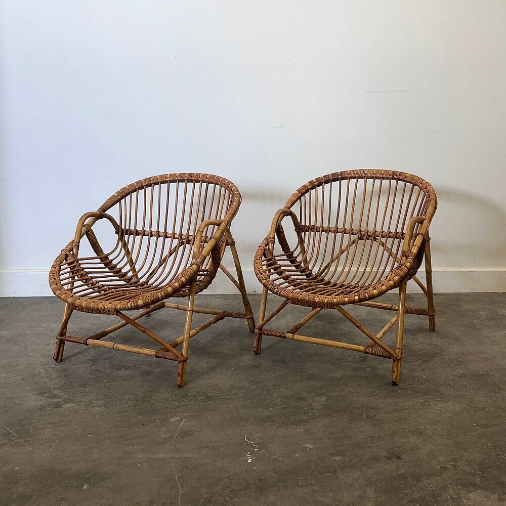 Mid-century French Riviera rattan lounge chairs – pair – 1960s organic design