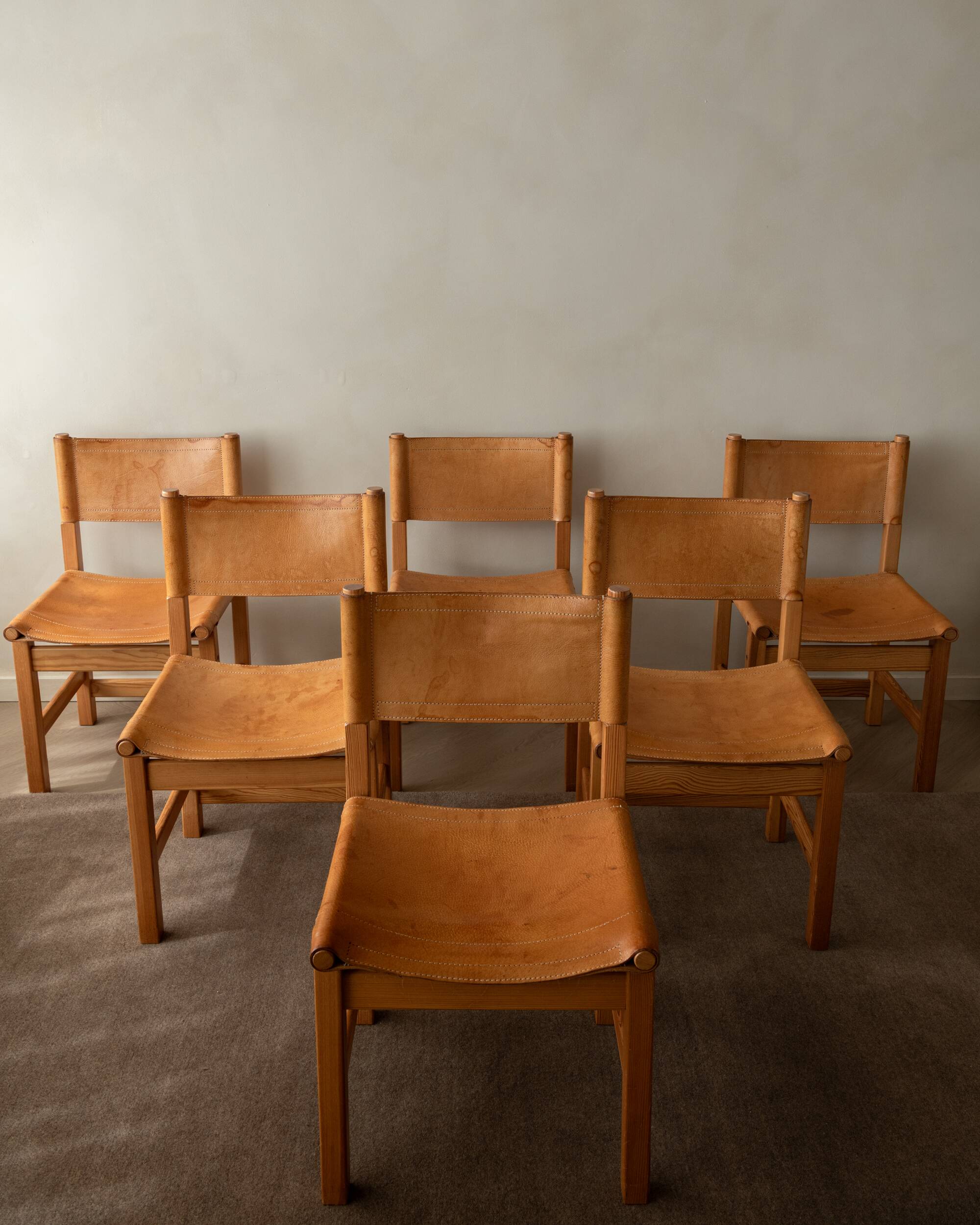 Vintage Kotka Dining Chairs Tomas Jelinek IKEA, Pine Leather 1980s Set of 6
