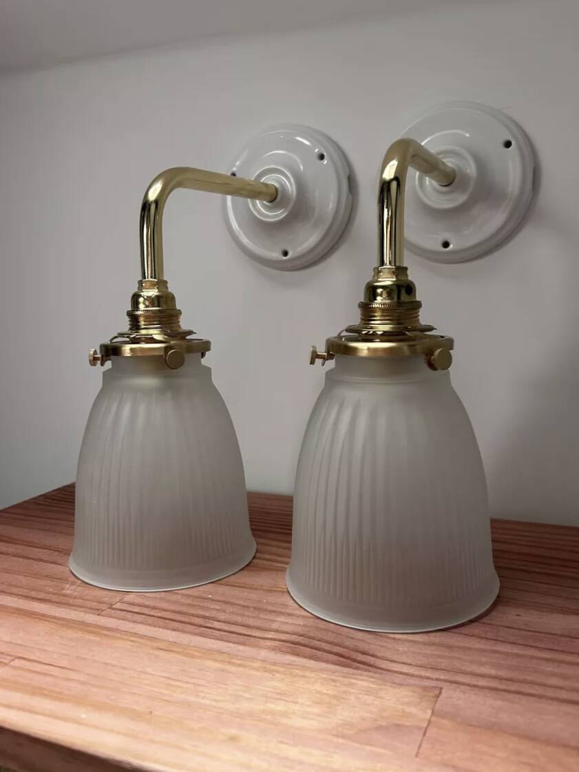 Pair of ribbed glass tulip wall sconces