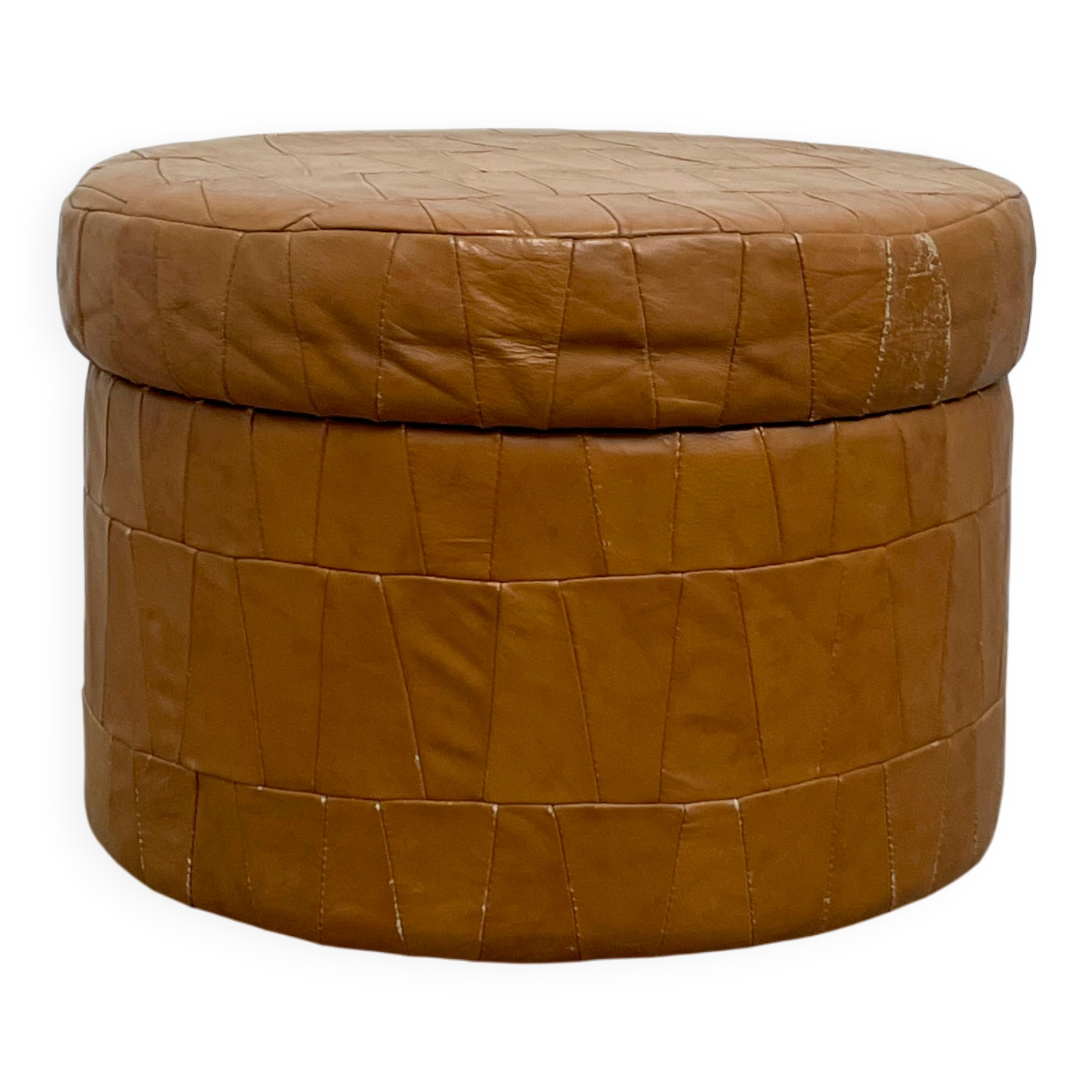 Brown leather patchwork storage pouffe