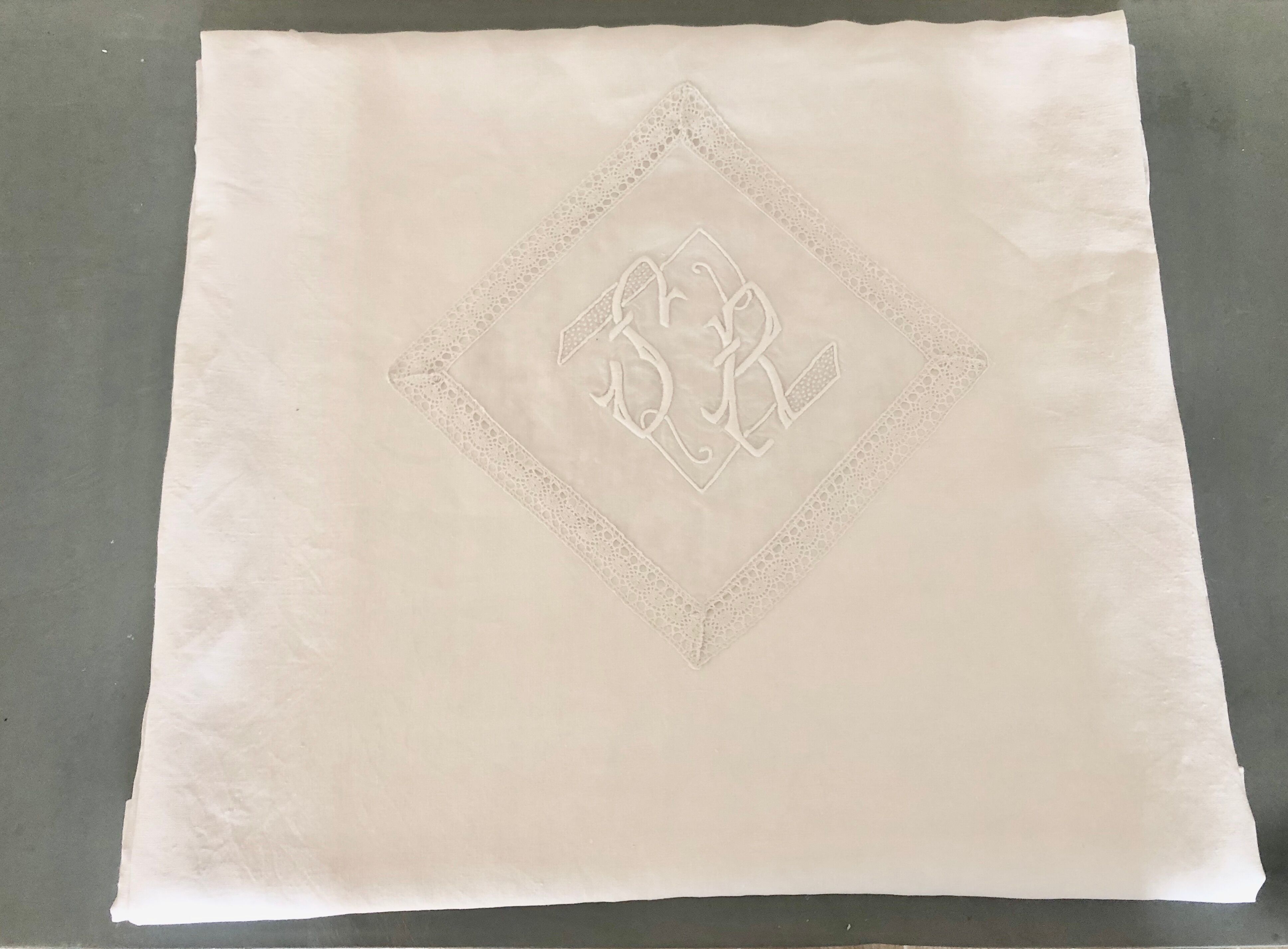 Antique linen, tablecloth, central monogram SR