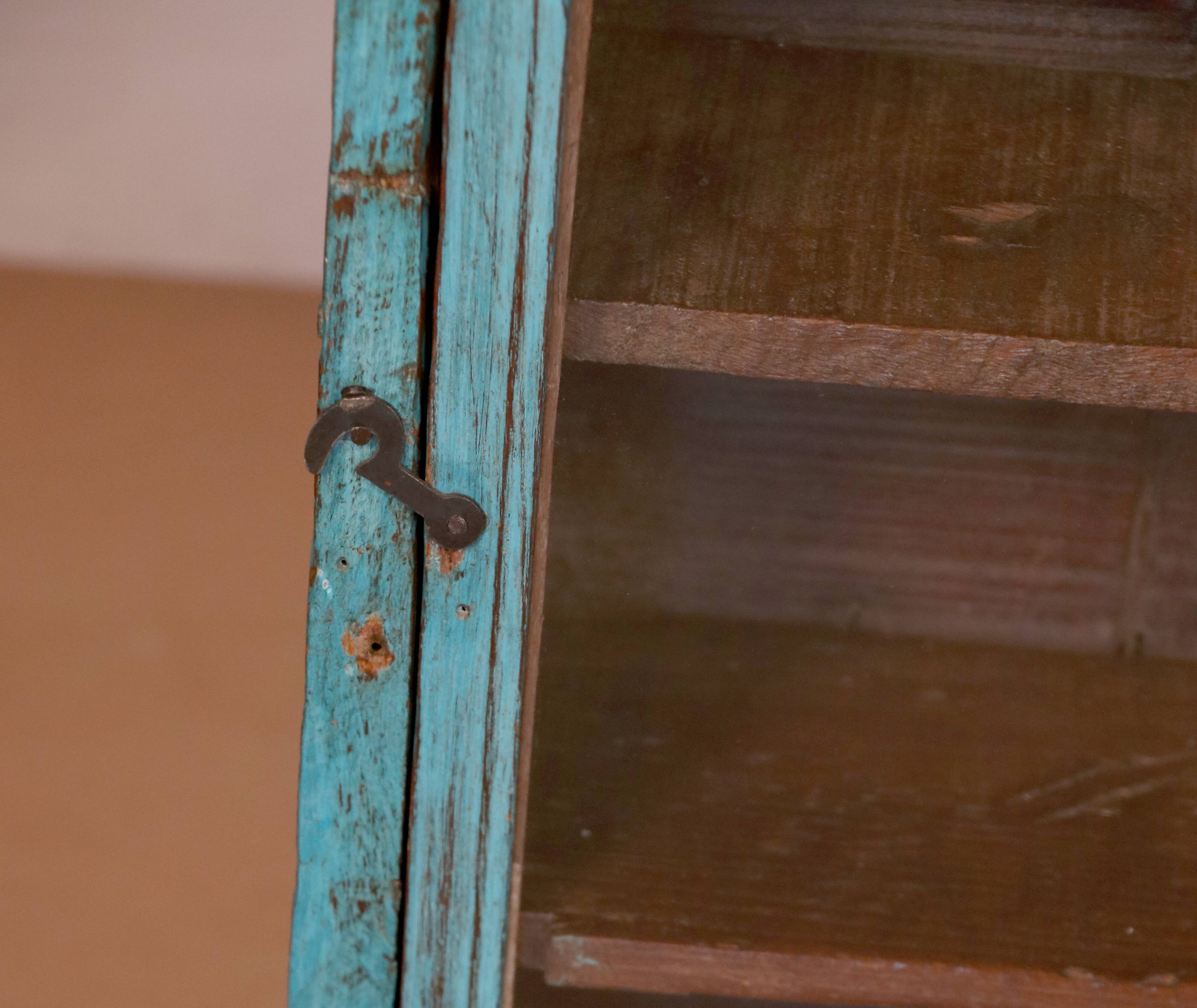 old Art Deco wall display case in original blue teak Burmese patina