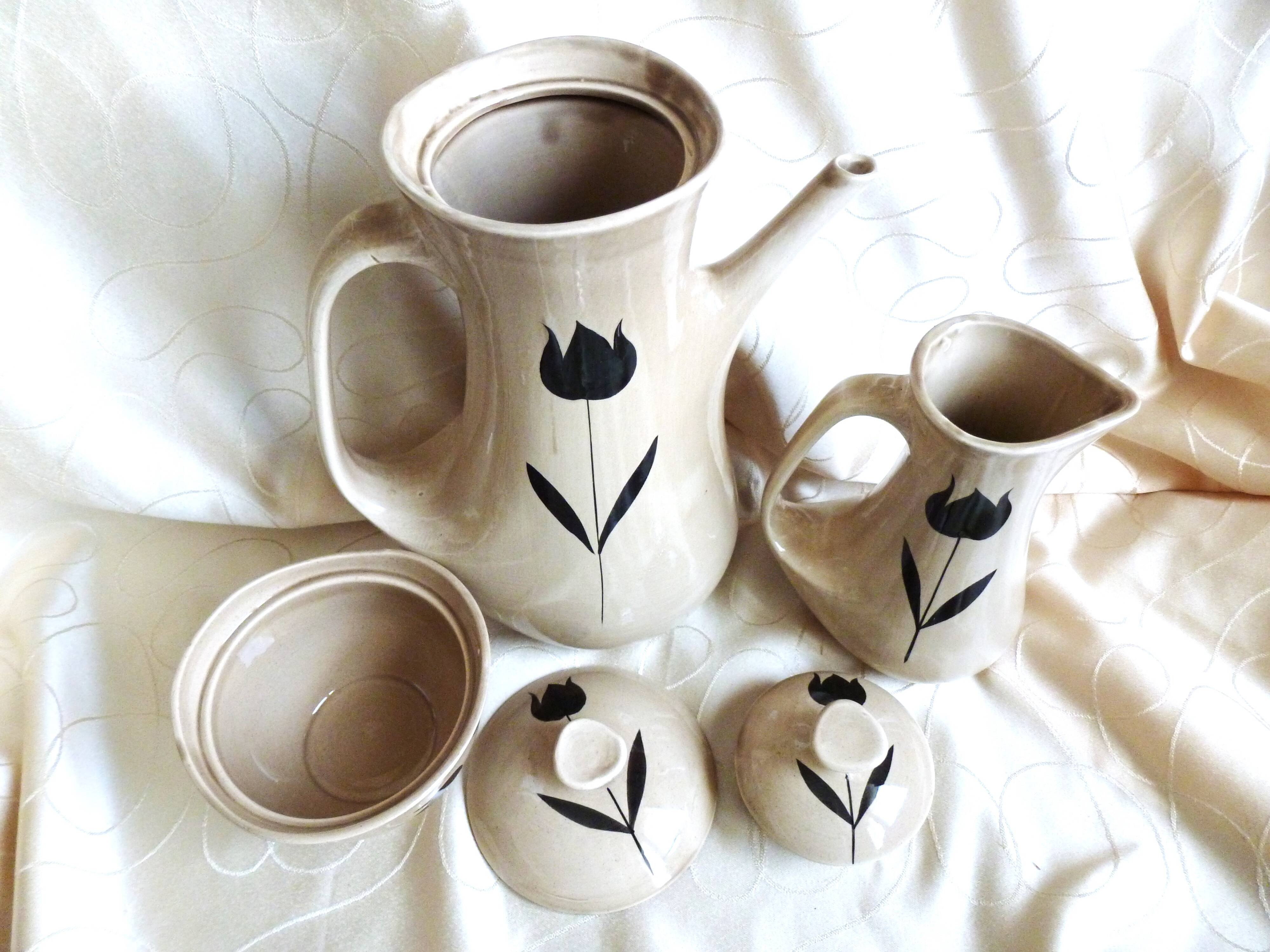 Vintage 23-piece Niderviller coffee set with hand-painted black tulip decor.