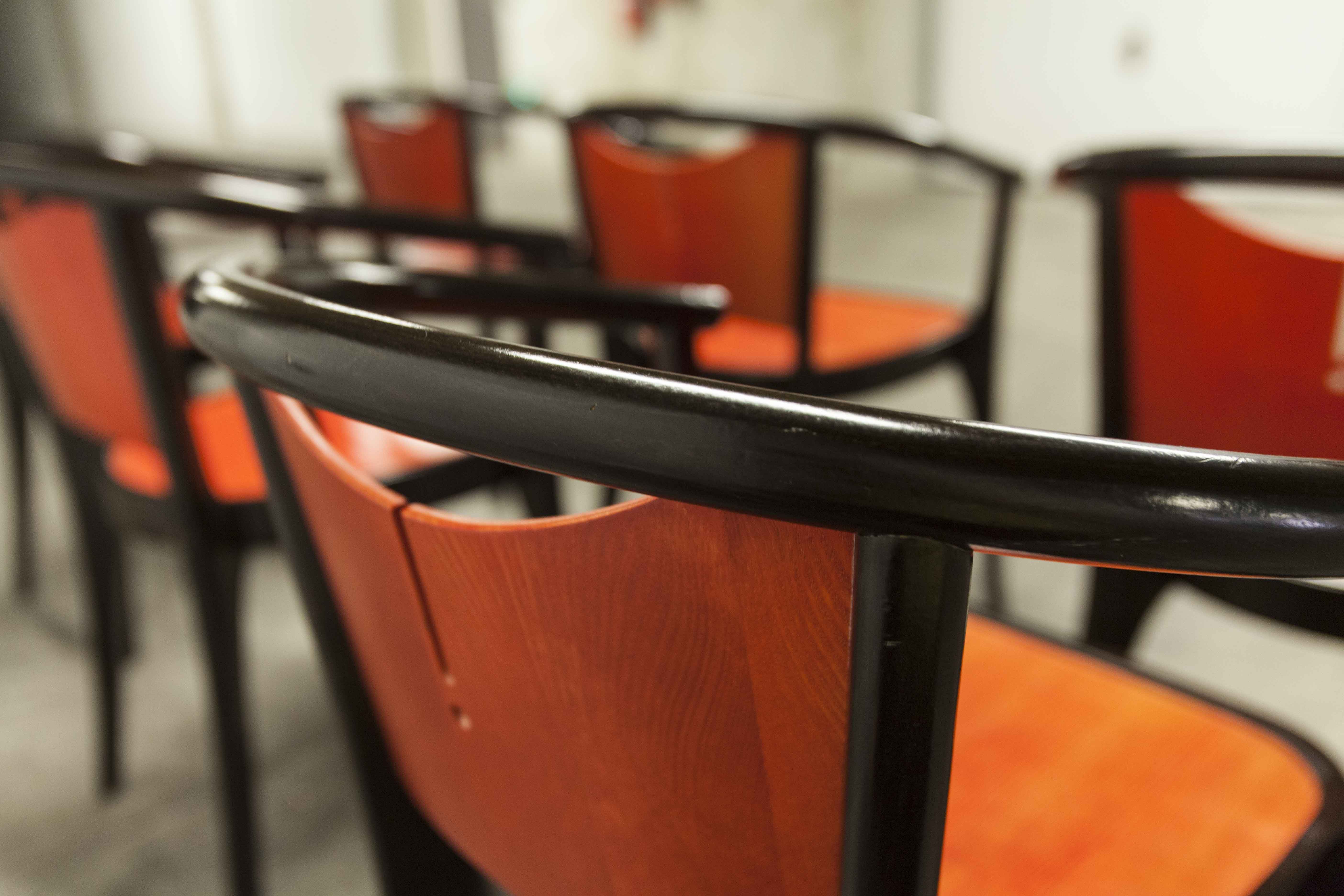 Table and 6 armchairs Baumann Diese, design Pagnon Pelhaître, Wenge color and red,