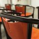 Table and 6 armchairs Baumann Diese, design Pagnon Pelhaître, Wenge color and red,