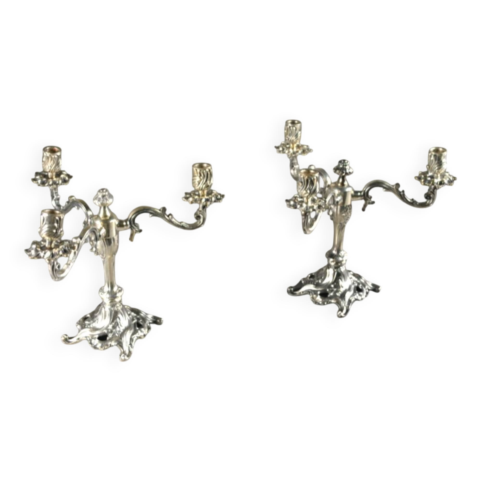 Pair of three-armed silver-plated metal candelabras