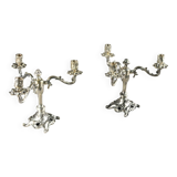 Pair of three-armed silver-plated metal candelabras