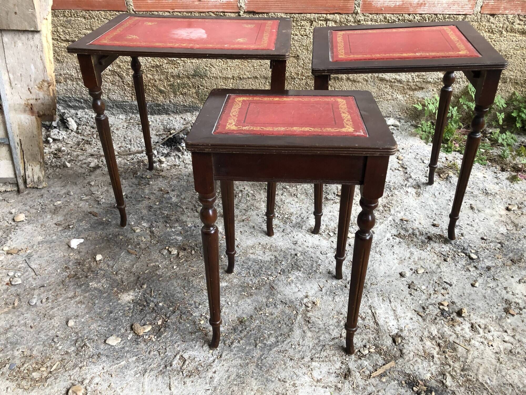 Series 3 Tables Trundles Wood Bent Feet + Top Embossed Leather Vintage Red