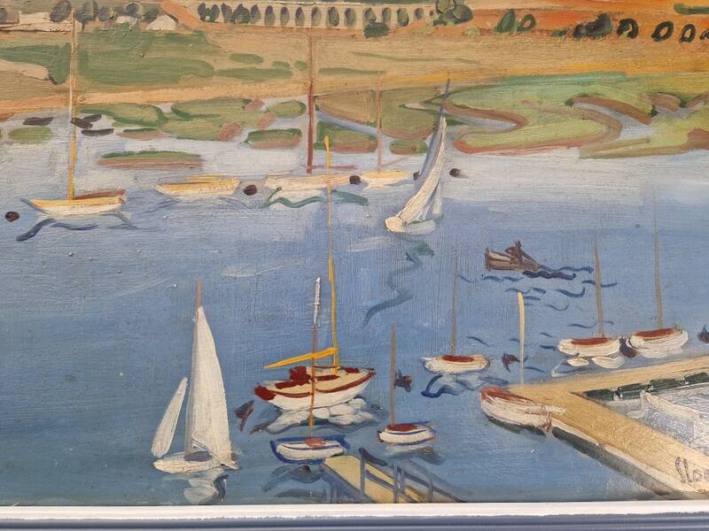 Frank Sloan (1900-1984) - Oil on hardboard - Sailboats near the bridge