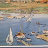 Frank Sloan (1900-1984) - Oil on hardboard - Sailboats near the bridge