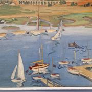 Frank Sloan (1900-1984) - Oil on hardboard - Sailboats near the bridge