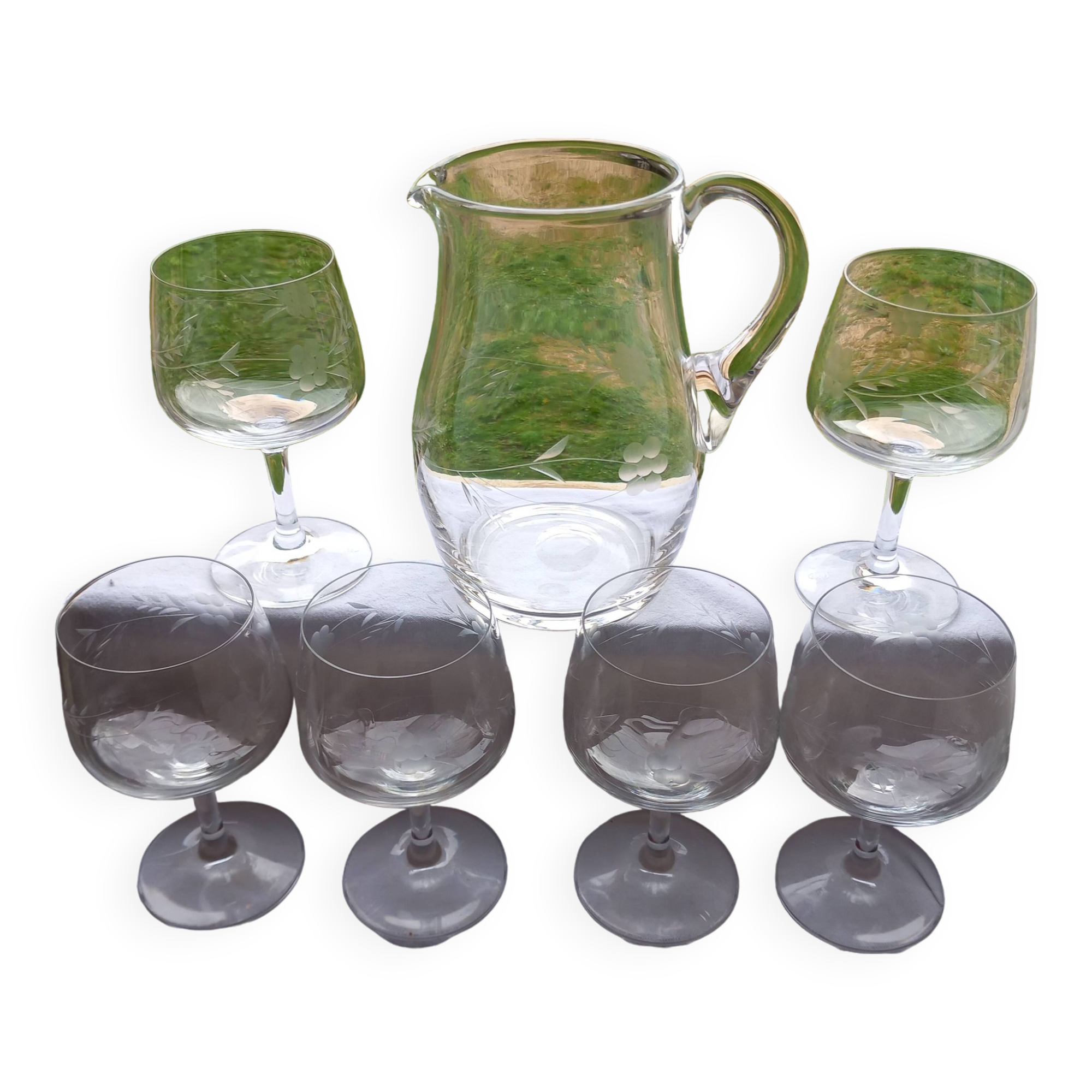 6 water glasses and engraved crystal pitcher from the 70s