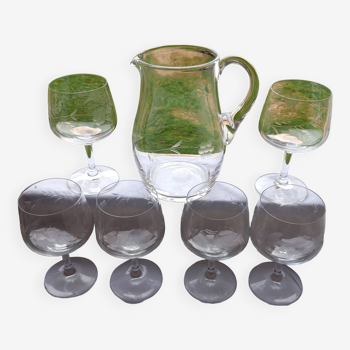 6 verres à eau et pichet en cristal gravé années 70