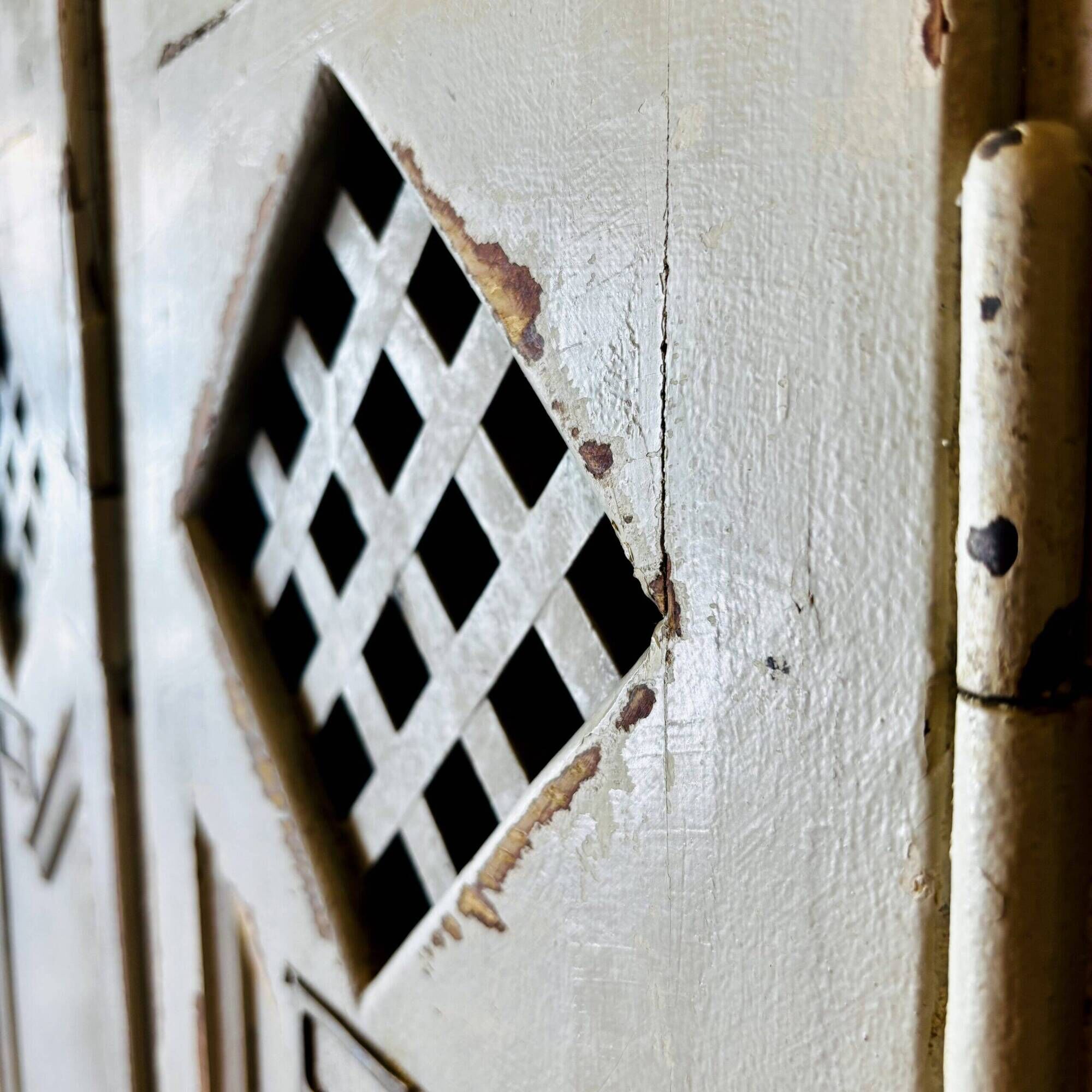 Old factory lacquered pine locker from early 20th century France.