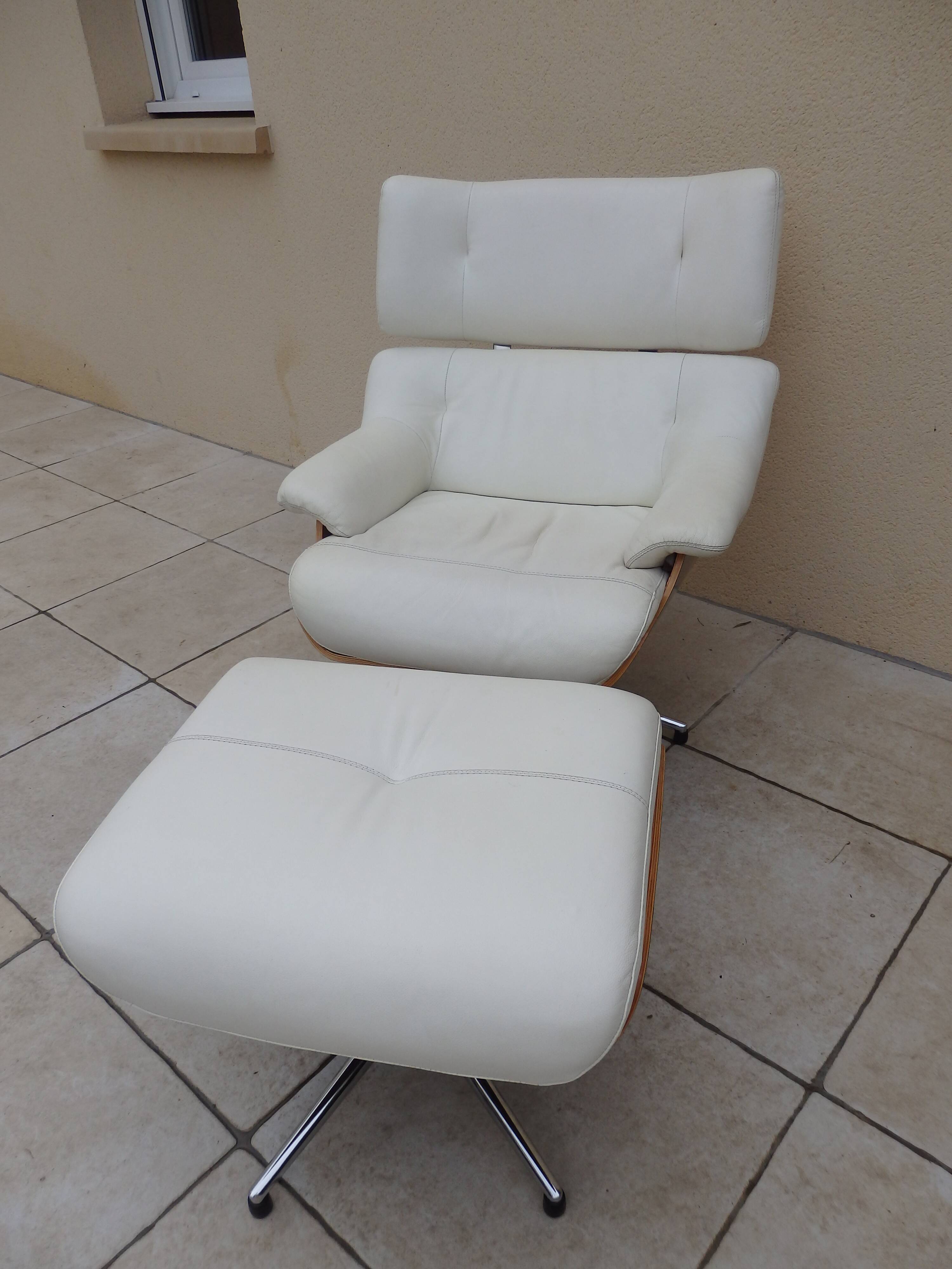 Armchair relax lounge and ottoman leather white rosewood