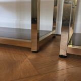 Pair of consoles brass shelves and smoked glass design Roche Bobois