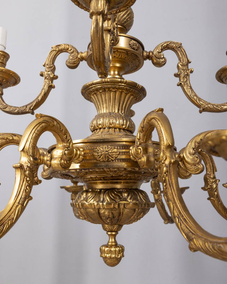 Classic 12 light golden bronze chandelier from the mid-20th century