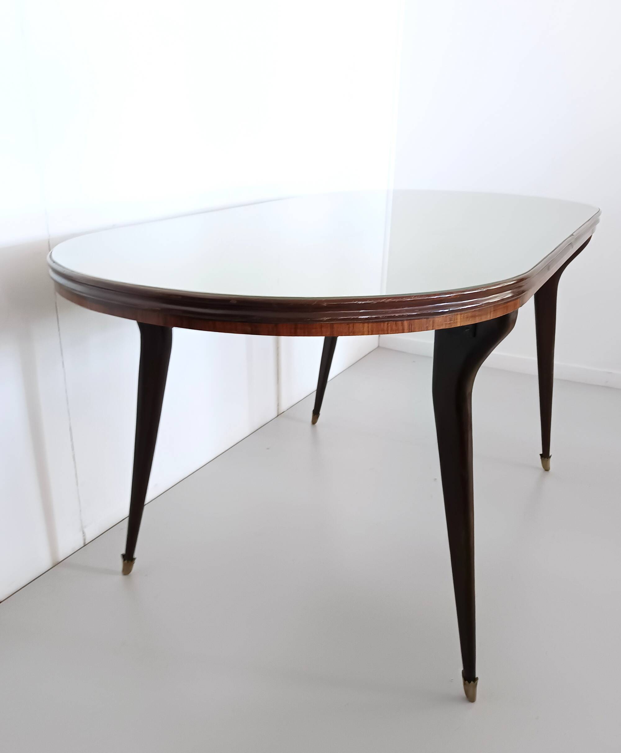 Vintage Beech and Walnut Dining Table with an Oval Gray Glass Top, Italy