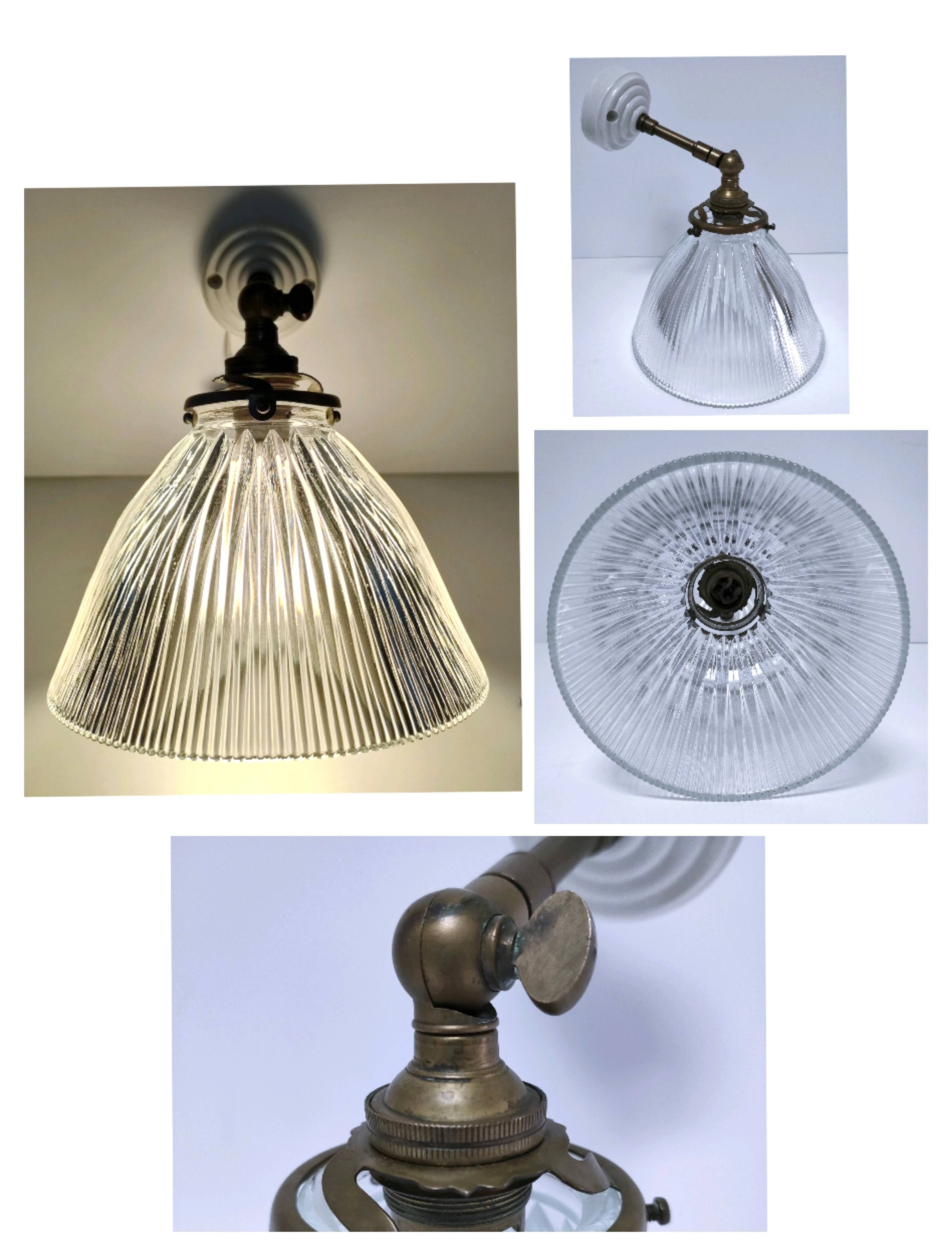 Articulated wall light glass Holophane brass porcelain