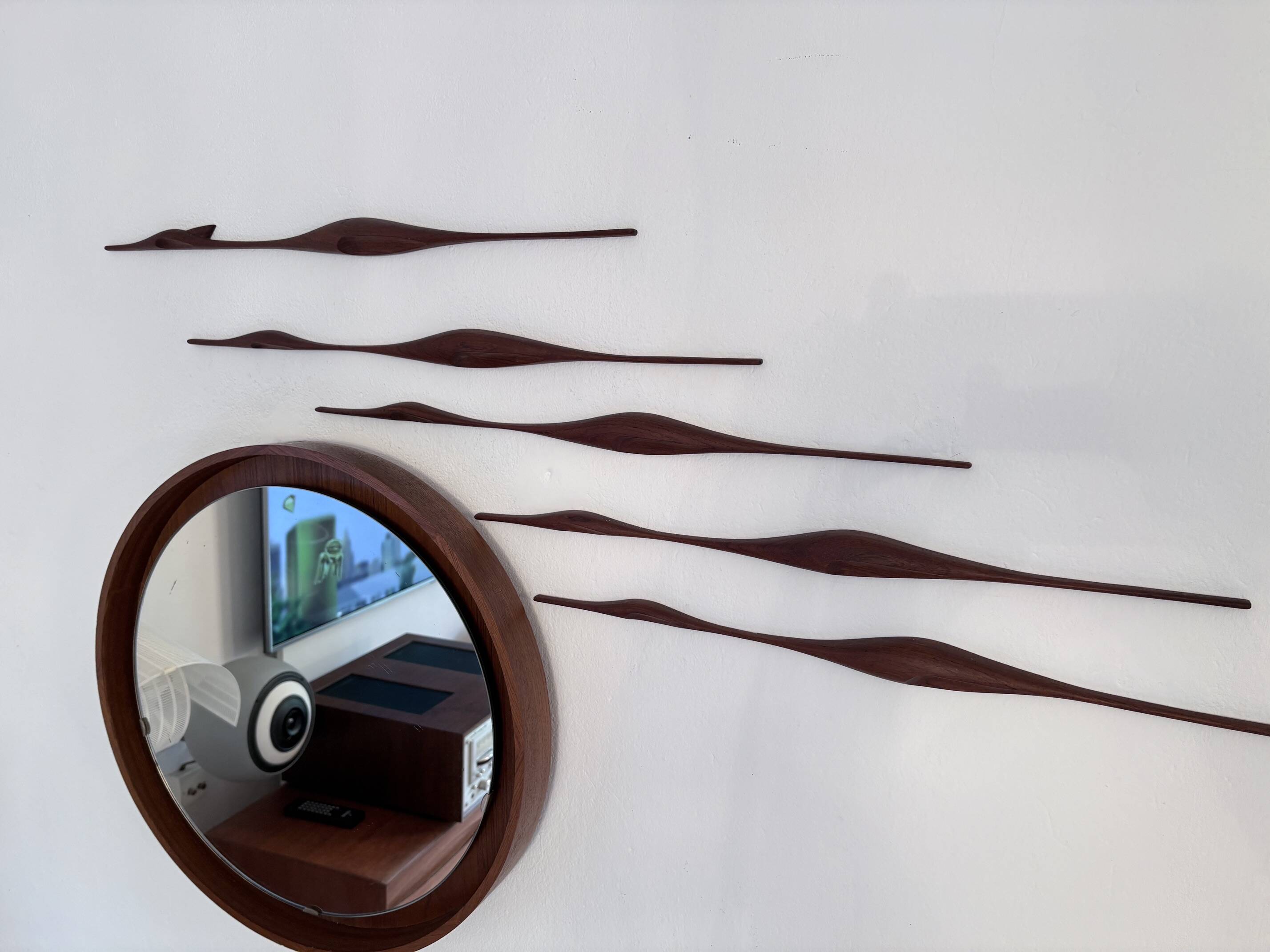 Set of five teak bird wall art, Denmark, 1960s