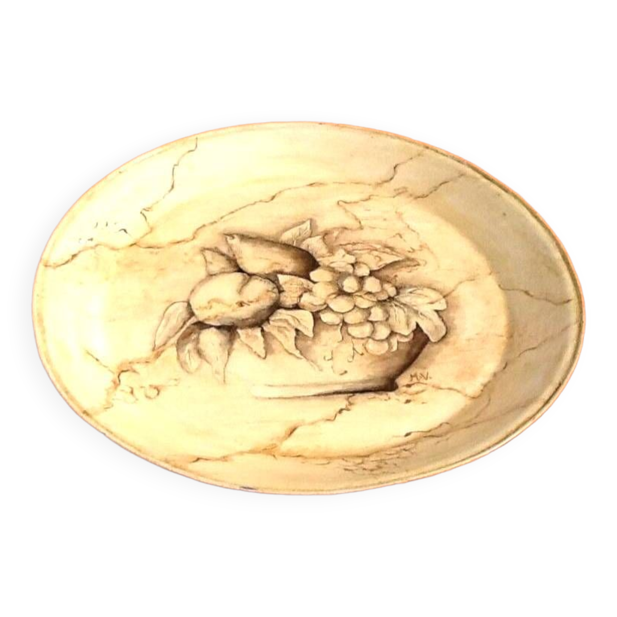 Painted sheet metal serving tray Fruit basket decor on beige background with marbled effect